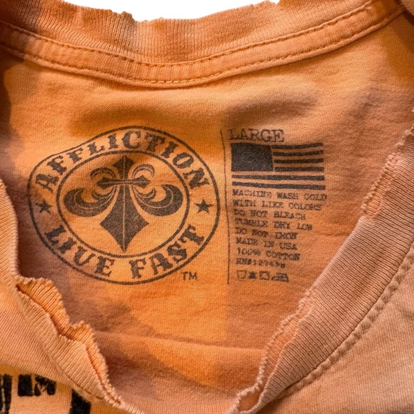 Affliction Value T-Shirt Bright Orange Camo Wash Flocked Graphic, Sz L - Picture 15 of 15